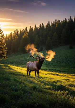A majestic elk stands in a serene forest clearing at sunrise, surrounded by trees and green grass.