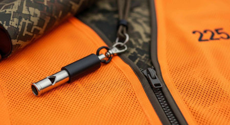 A close-up view of an orange safety vest with a black and silver whistle attached to it.
