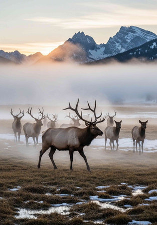 A herd of elk roams freely in a misty mountain meadow at sunrise