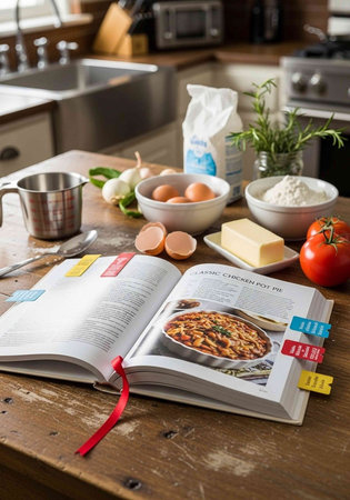 Kitchen counter with recipe book, eggs, flour, butter, tomato, and herbs for cooking
