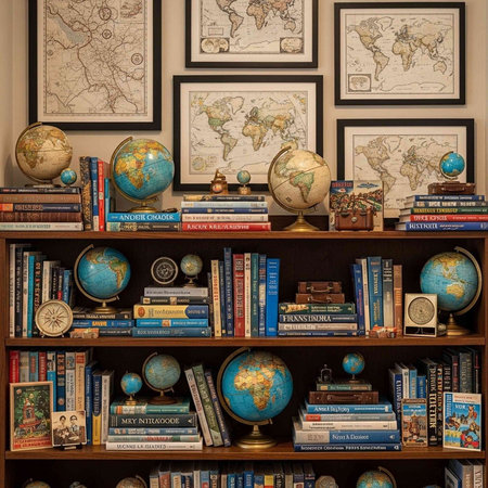 A collection of vintage globes and books on wooden shelves with framed maps on the wall