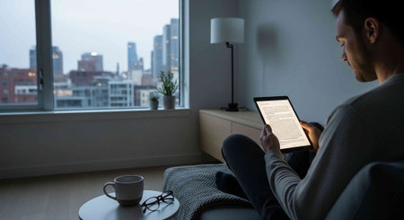 A man sits comfortably with an e-reader, coffee, and glasses in a cozy living room overlooking the city.