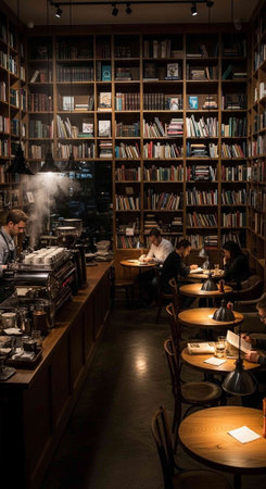 Warmly lit cafe with tables, chairs, and bookshelves, featuring a barista and customers in a quiet atmosphere.