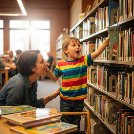 Woman and child in a library, smiling and browsing books on shelves with warm background