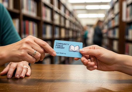 Person handing library card across table to another person in a library setting