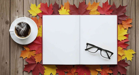 A warm and inviting autumnal setup featuring an open notebook, glasses, and a steaming cup of coffee on a wooden table