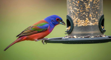 Vibrant bird with blue head, red body, and green wings eating from clear feeder