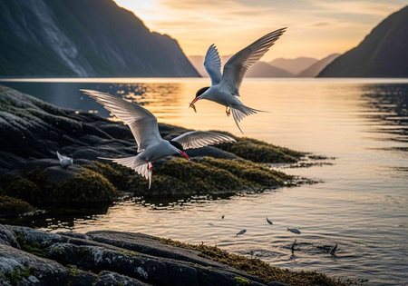 Seagulls in flight over mossy rocks by serene water with distant mountains at sunset