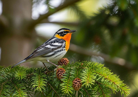 Small bird with orange, black, and white feathers on pine branch with cones