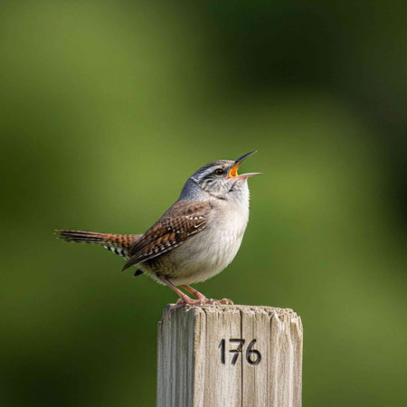 Bird with brown, white, and gray feathers stands on weathered wood post with open beak