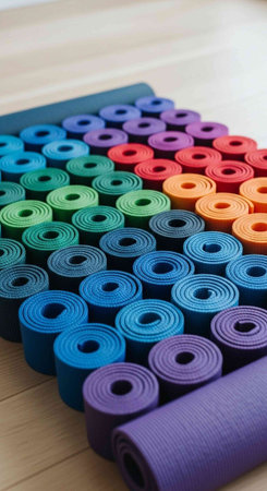 A collection of colorful yoga mats arranged in a rainbow pattern on a wooden floor for fitness and wellness