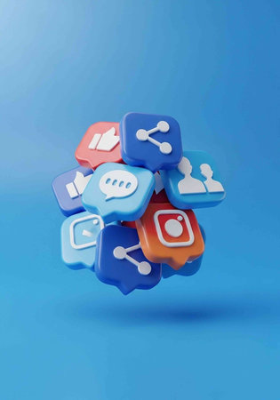 A collection of social media icons floating in mid-air against a blue background