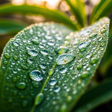 A close-up view of a green leaf covered in water droplets in a natural setting