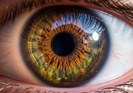 A close-up of a human eye with a reflection of nature in the iris, showcasing vibrant colors and detailed textures.
