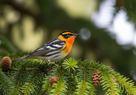 Small bird with orange, black, and white feathers sits on pine branch with cones and green needles