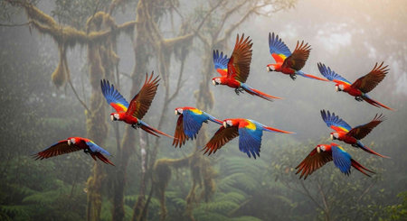 Colorful macaws in flight, showcasing bright plumage, against a misty forest with trees and greenery