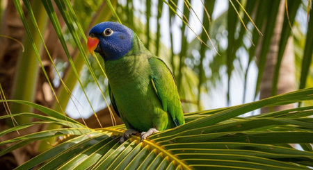 Vibrant green parrot with blue head and orange beak sitting on palm leaf in sunny outdoor environment