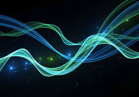 A vibrant abstract illustration of glowing blue and green lines against a dark background with stars