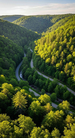 Aerial view of a winding road through a lush green forest with sunlight filtering through the trees
