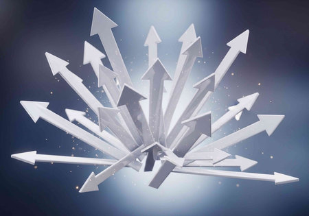 A cluster of white arrows pointing in different directions against a dark background with a bright light