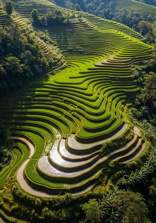Aerial view of lush green rice terraces in a serene natural landscape with trees and winding paths