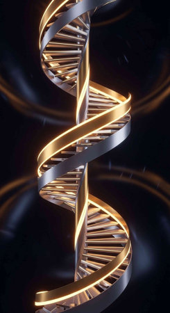 A glowing DNA double helix structure against a dark background with vibrant lighting effects