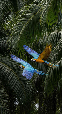 Two vibrant parrots flying through a lush tropical forest with palm trees