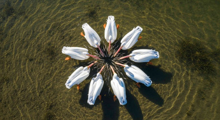 Aerial view of swans gathered in a circular formation on a body of water with ripples