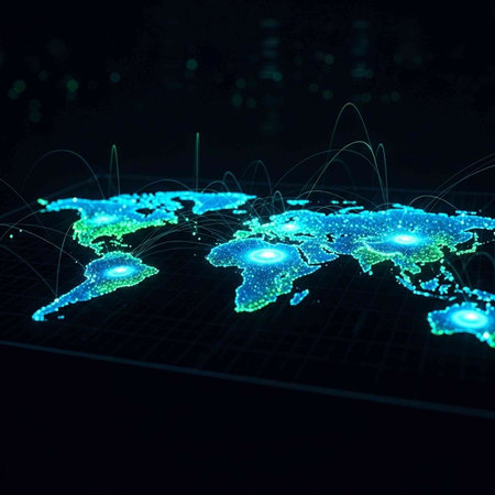 World map with glowing blue and green dots and lines on a dark background