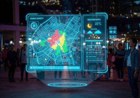 A futuristic map of a city displays crowd density and weather data at nighttime