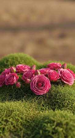 Wedding bouquet of pink roses on green moss background.