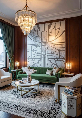 A luxurious living room with a green couch and white chairs, featuring a large chandelier and abstract art