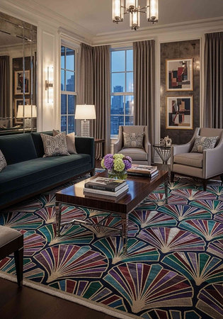 A luxurious living room with a vibrant rug and modern furniture design