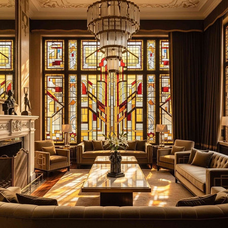 A luxurious living room with a stunning stained glass window and elegant chandelier