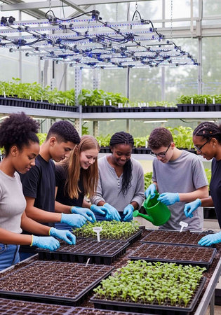 A group of diverse students working together in a modern greenhouse, planting and nurturing young seedlings.