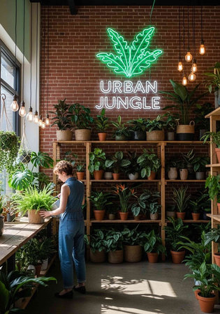 A woman in blue overalls stands amidst lush greenery in an urban indoor plant store with a neon sign