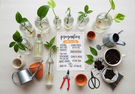 A collection of plants and gardening tools on a white surface for propagation and growth