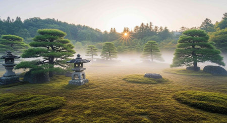 A serene Japanese garden at sunrise with moss, trees, and stone lanterns in a peaceful natural setting.