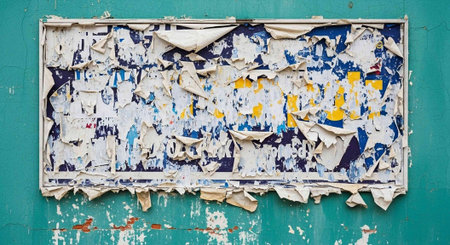 A close-up view of a torn and peeling advertisement on a weathered teal wall with remnants of colorful paper.