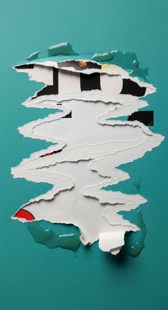 A torn piece of paper revealing a colorful background with jagged edges and ripped fragments