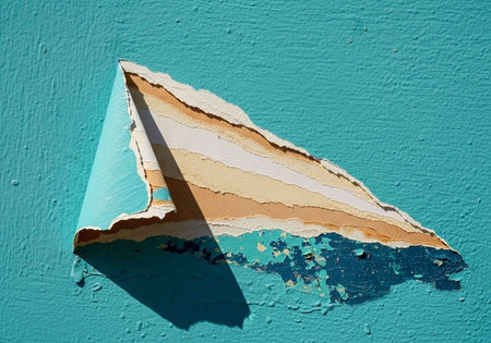 A close-up view of peeling paint on a teal wall with layers of brown and white exposed underneath
