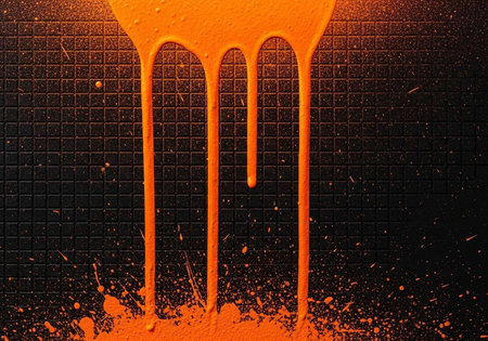 A vibrant orange liquid drips down a dark grid background with splatters and droplets everywhere