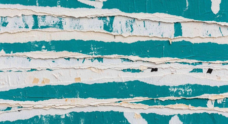 A close-up view of a teal and white peeling paint surface with rough textured layers