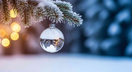 A clear glass Christmas ornament hangs from a snow-covered pine tree branch with blurred lights in the background.
