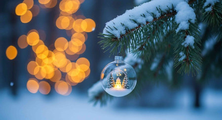 A clear glass Christmas ornament hangs from a snow-covered pine tree branch with warm yellow lights in the background.