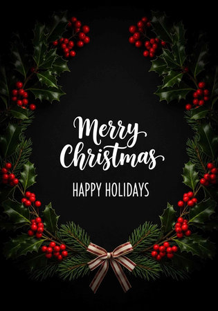 A festive Christmas wreath with red berries and a bow on a black background with Merry Christmas message