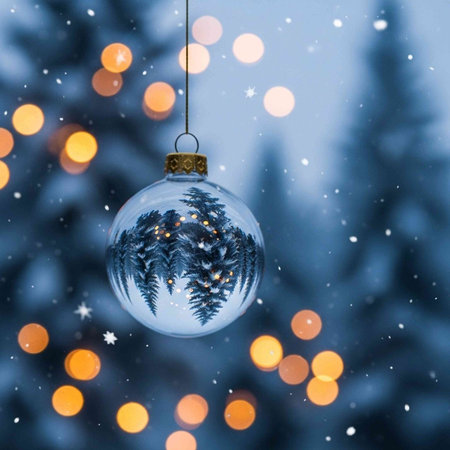 A clear Christmas ornament hangs in front of a blurred background of twinkling lights and snowflakes.