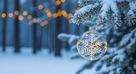 A clear glass Christmas ornament with a snowflake design hangs from a snow-covered pine tree branch in a winter wonderland