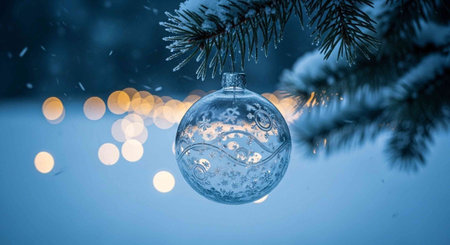 A clear glass Christmas ornament hangs from a snow-covered pine tree branch with blurred lights in the background.