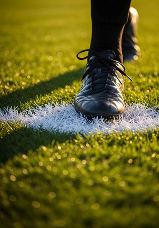 Close-up of running shoes on a green grass field at sunset